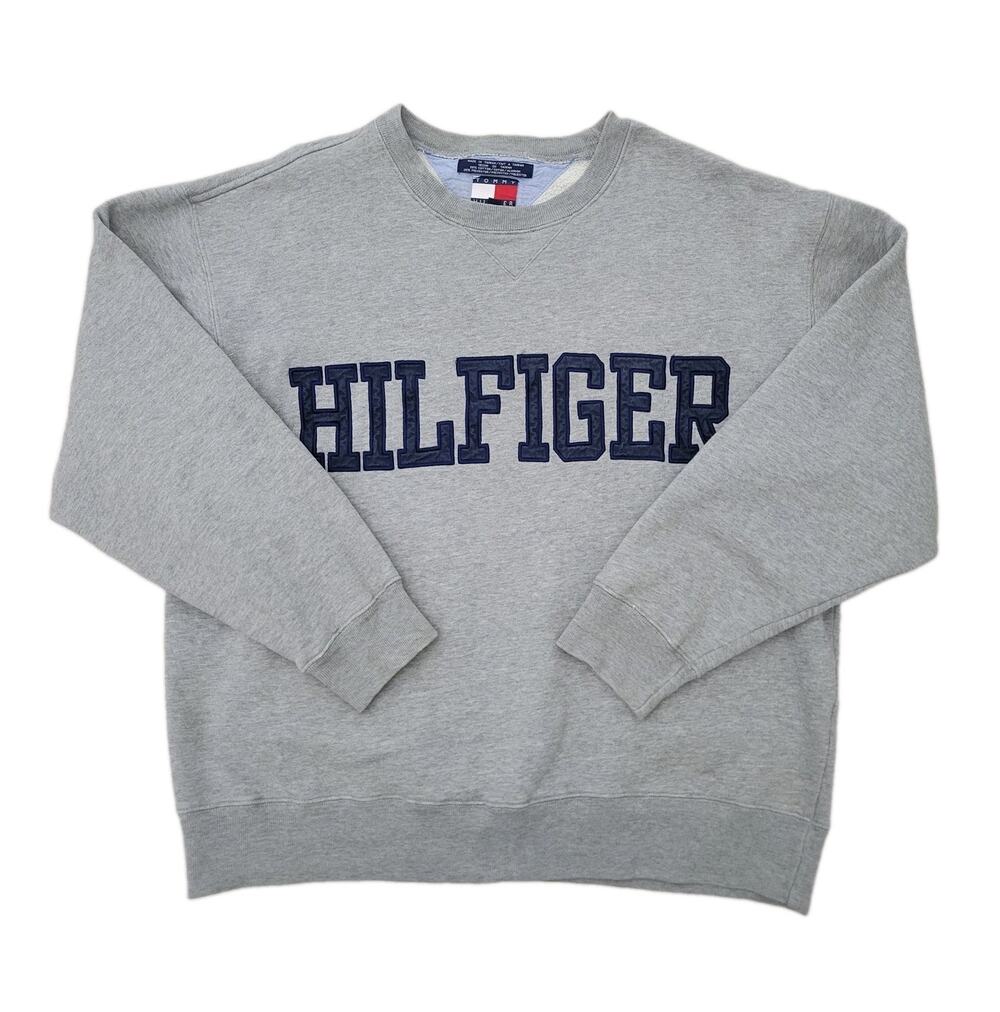 Vintage Tommy Hilfiger Spell Out Mens Crewneck Sweater Size M Gray Y2k